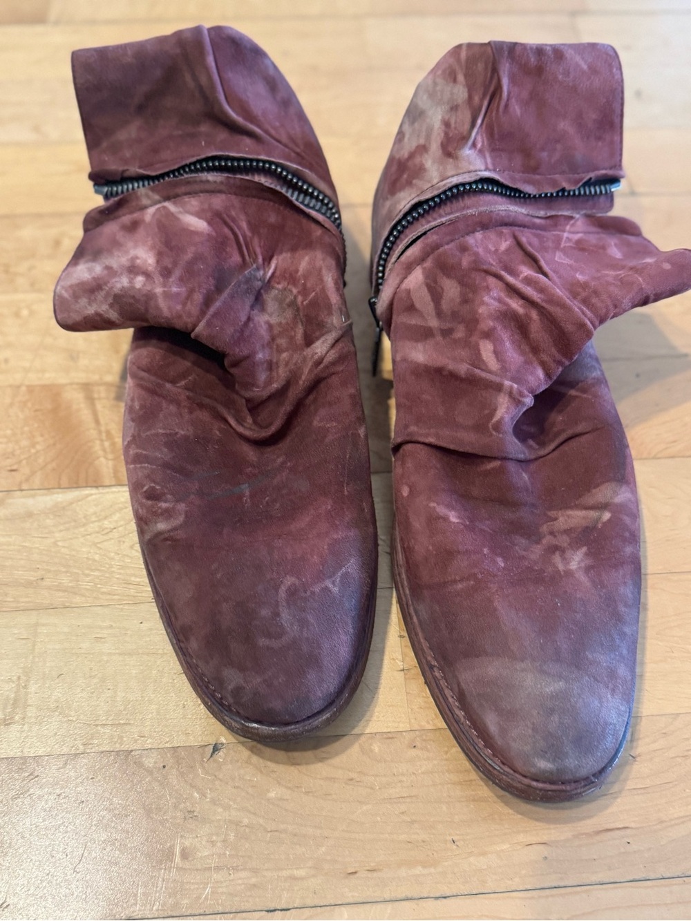 John Varvatos Burgundy Suede Slouch Boots, $300